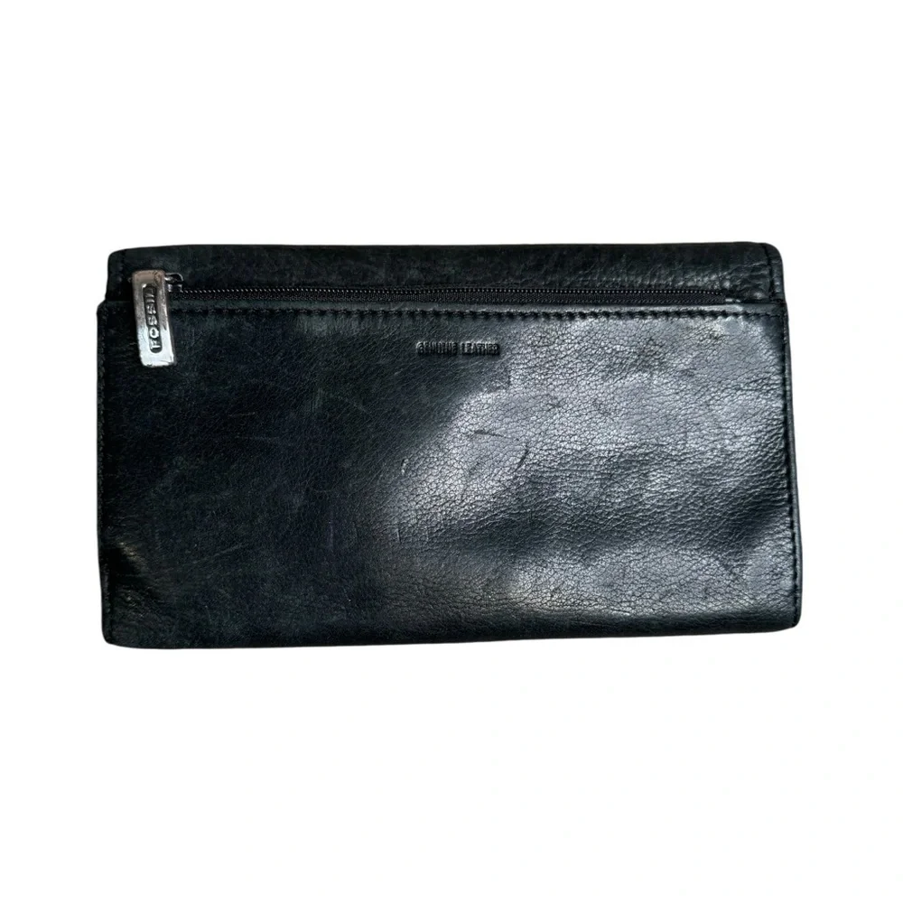 Fossil Black Leather Trifold  Wallet Checkbook Holder Snaps & Zips Ladies VTG
